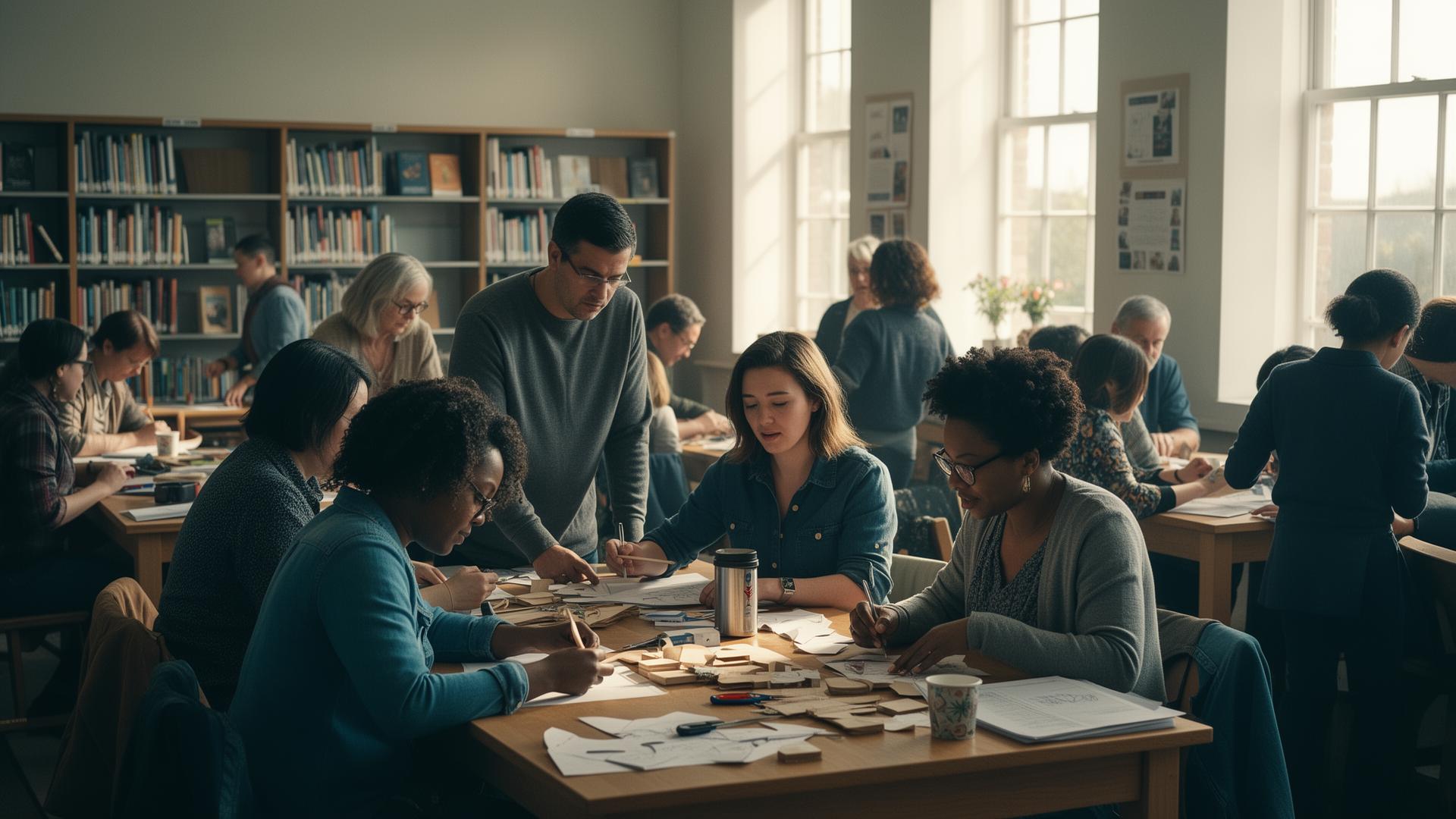 A community workshop in a bright library room