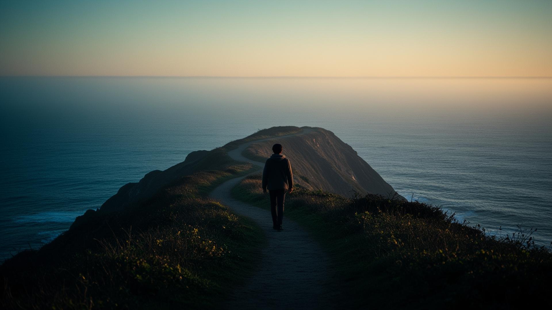 A solitary figure walks a winding path along the ocean at sunrise