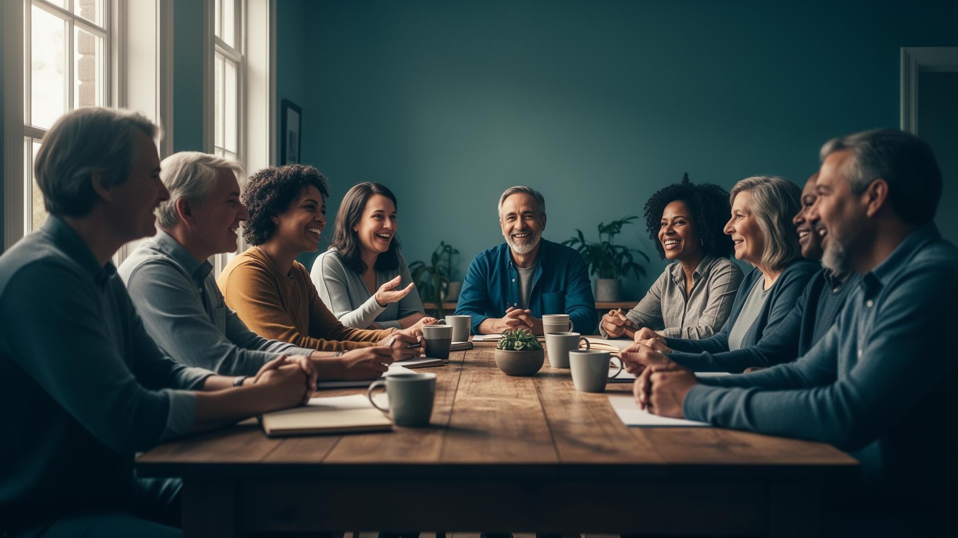 Adult learners in conversation around a table