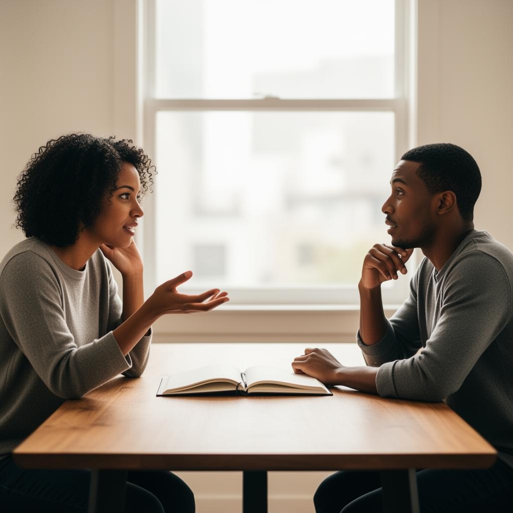 Two people in conversation over a notebook