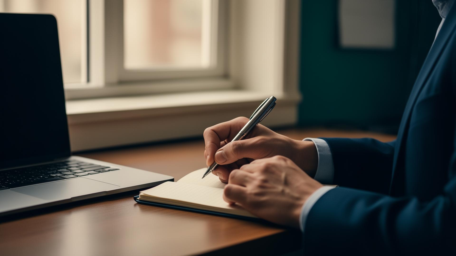 Hands at a notebook beside a laptop in quiet, focused light